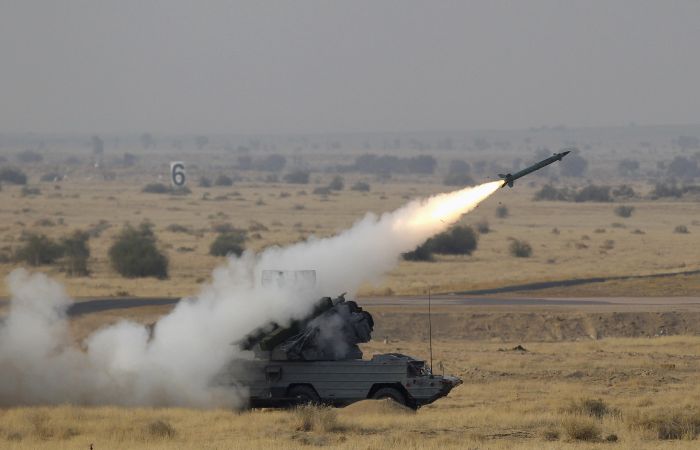 OSA-AKM surface-to-air missile launcher fires a missile on target during Indian Air Force fire power demonstration exercise "Iron Fist 2013" in Pokhran